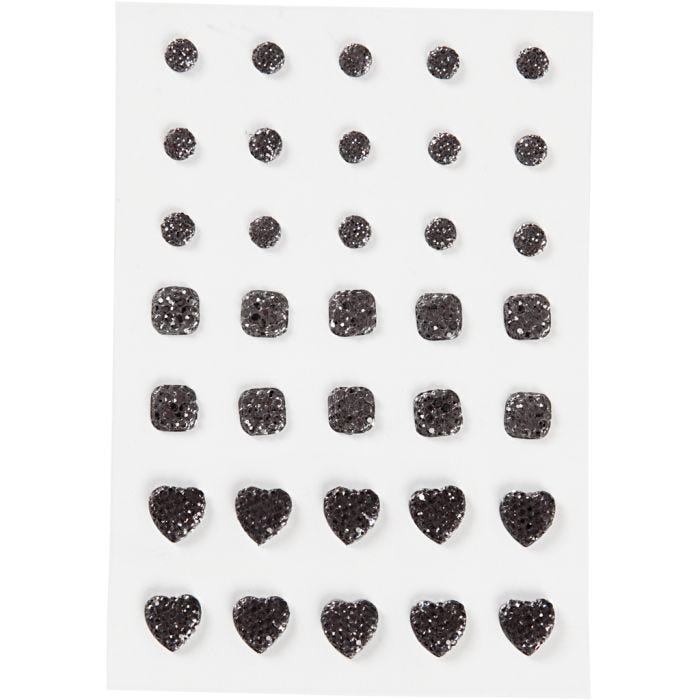 Strasssteine, rund, quadratisch, herzförmig, Größe 6+8+10 mm, Schwarz, 35 Stk/ 1 Pck