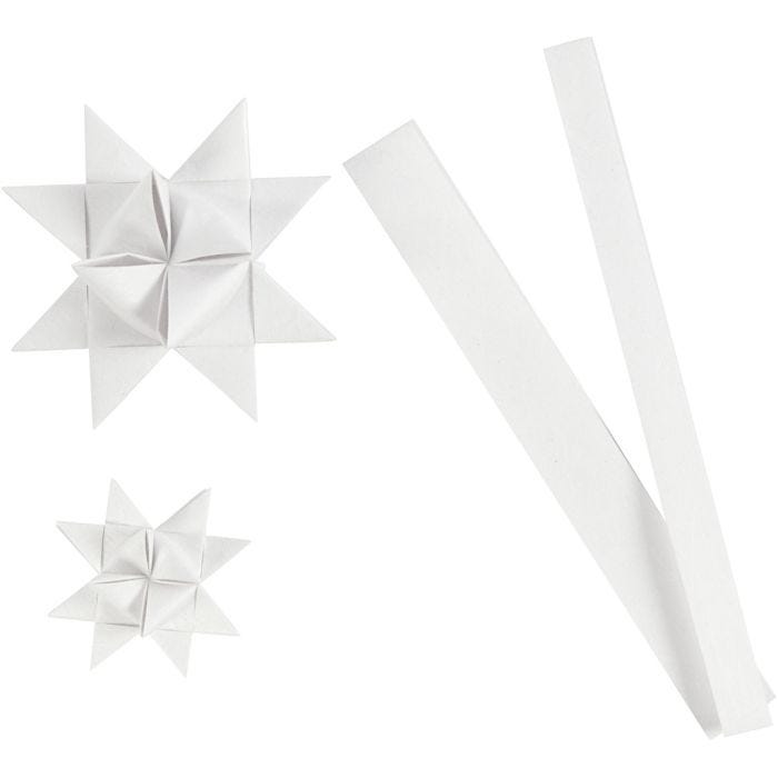 Papierstreifen für Flechtsterne, L 44+78 cm, D 6,5+11,5 cm, B 15+25 mm, Weiß, 32Streifen/ 1 Pck