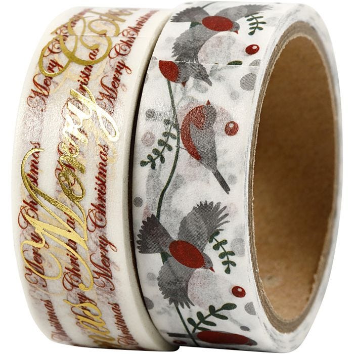 Washi Tape, Frohe Weihnachten &amp; Vögel - Folie, B 15 mm, 2x4 m/ 1 Pck