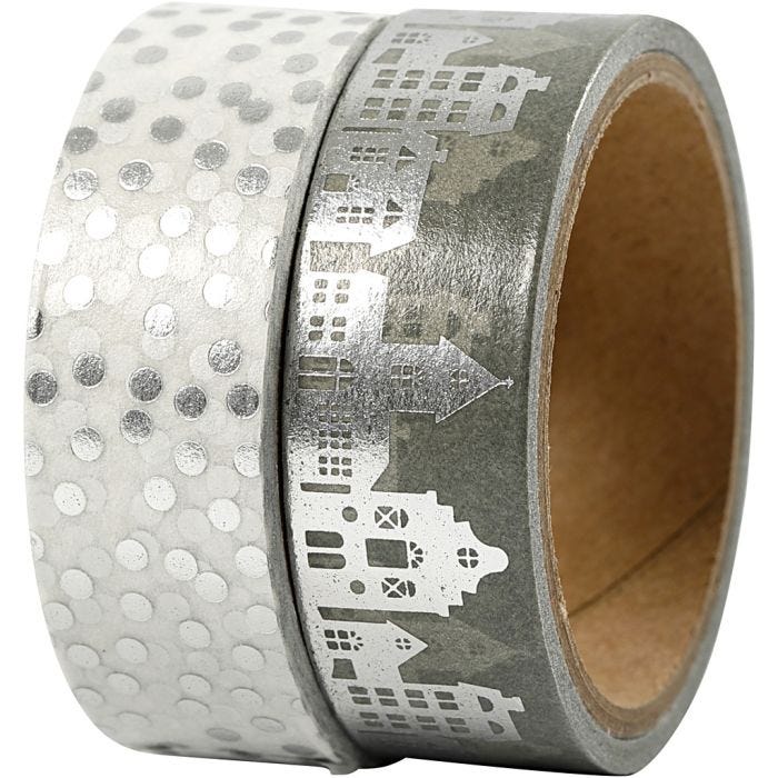 Washi Tape, Häuser &amp; Punkte - Folie, B 15 mm, Silber, 2x4m/ 1 Pck