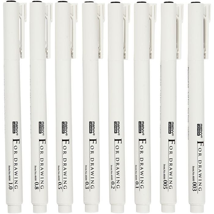 Fine Line Marker - Sortiment, Strichstärke 0,03+0,05+0,1+0,2+0,3+0,5+0,8+1,0 mm, Schwarz, 8 Stk/ 1 Pck