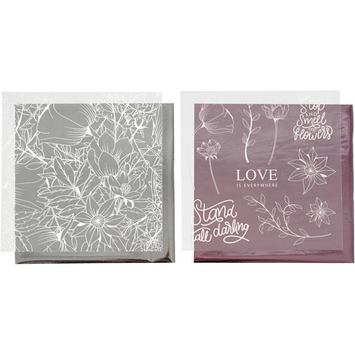 Deko- und Transferfolie, Blumen, Blatt 15x15 cm, Rosa, Silber, 4Bl./ 1 Pck