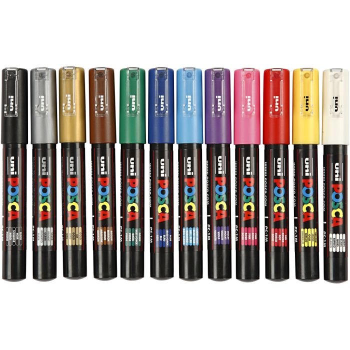 Posca Marker , Nr. PC-1M, Strichstärke 0,7 mm, extrafein, Sortierte Farben, 12 Stk/ 1 Pck