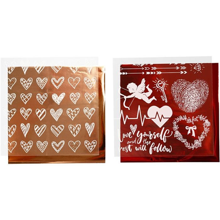 Dekofolie mit Transferblatt, Herzen und Liebe, Blatt 15x15 cm, Rot, 2x2 Bl./ 1 Pck
