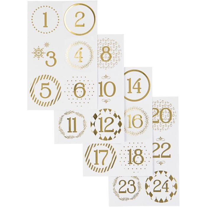 Sticker für Adventskalender, D 40 mm, Blatt 9x14 cm, Gold, Weiß, 4 Bl./ 1 Pck