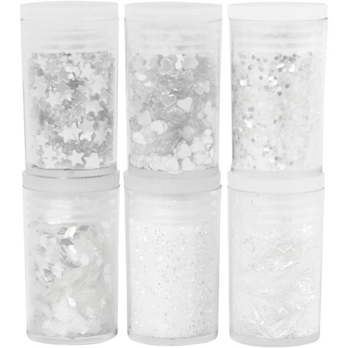 Glitter-/Pailletten-Sortiment, Weiß, 6x5 g/ 1 Pck