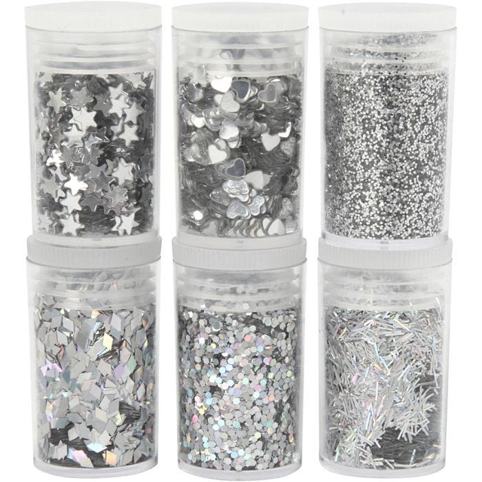 Biologisch abbaubarer Sparkles &amp; Pailletten, Silber, 6x7ml/ 1 Pck