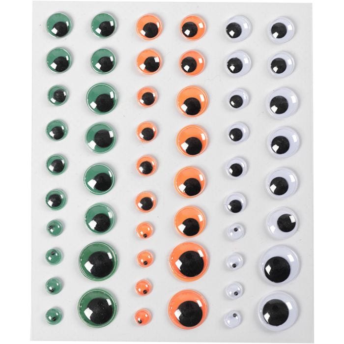 Wackelaugen, selbstklebend, D 6+8+10+12+15 mm, Grün, Orange, Weiß, 54 Stck., 1 Bl.