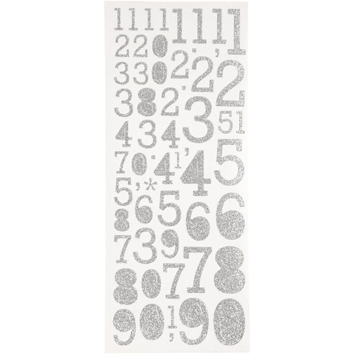 Sticker mit Glitter, Zahlen, Blatt 10x24 cm, Silber, 2 Bl./ 1 Pck