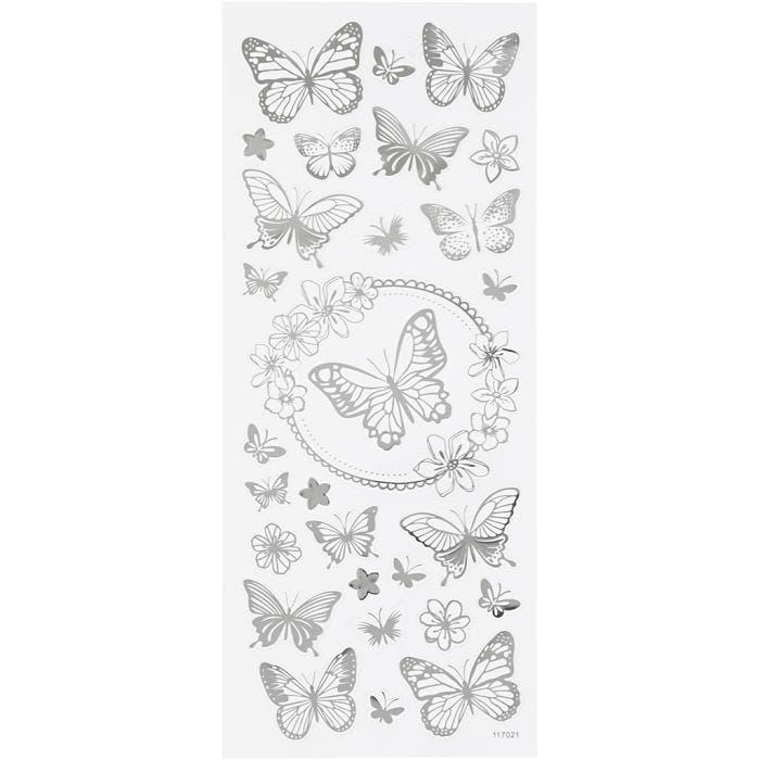 Sticker mit Sternen, Schmetterling, Blatt 10x24 cm, Silber, 1 Bl.