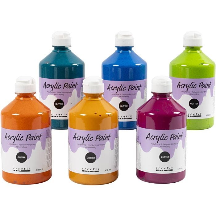 Glitter-Acrylfarbe, Sortierte Farben, 6x500 ml/ 1 Pck
