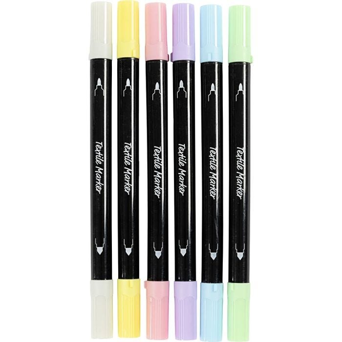 Textil-Marker, Strichstärke 2,3+3,6 mm, Pastellfarben, 6 Stk/ 1 Pck