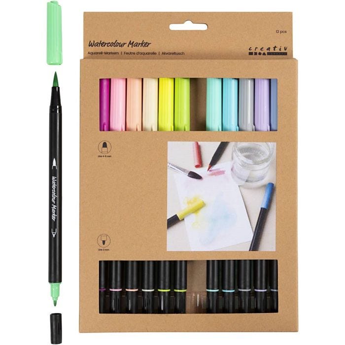 Aquarell-Markern, Pastellfarben, Strichstärke 2+4-8 mm, Sortierte Farben, 12 Stk/ 1 Pck