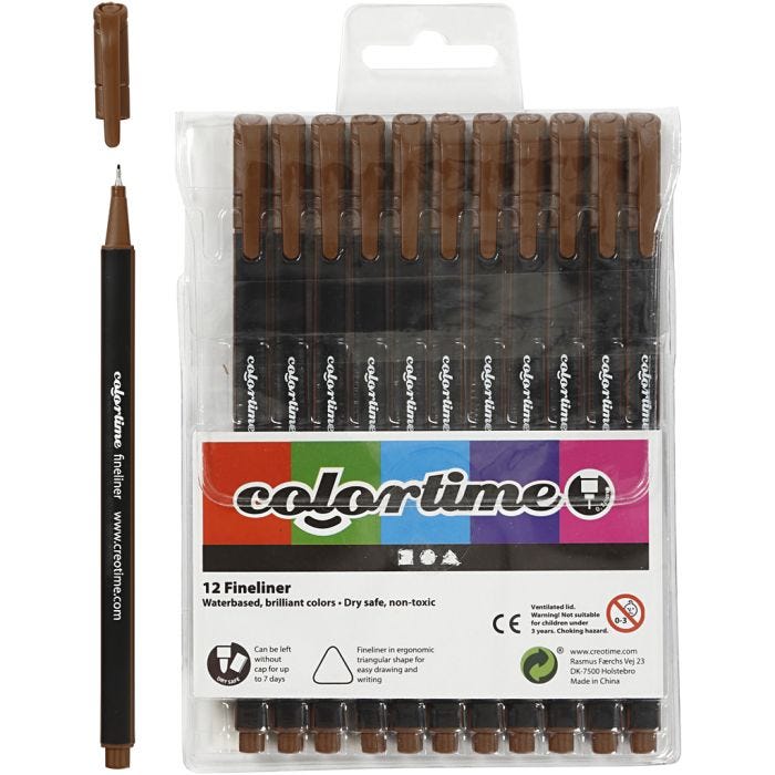 Colortime Fineliner Marker, Strichstärke 0,6-0,7 mm, Braun, 12Stk/ 1 Pck