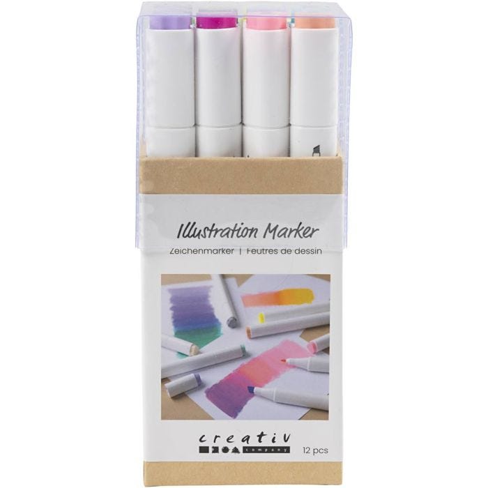 Zeichenmarker, Strichstärke 1+8 mm, Pastellfarben, 12 Stk/ 1 Pck