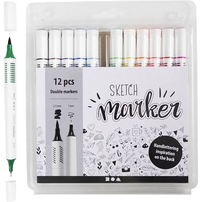 Sketch Marker, Strichstärke 1+2-5 mm, Standard-Farben, 12 Stk/ 1 Pck