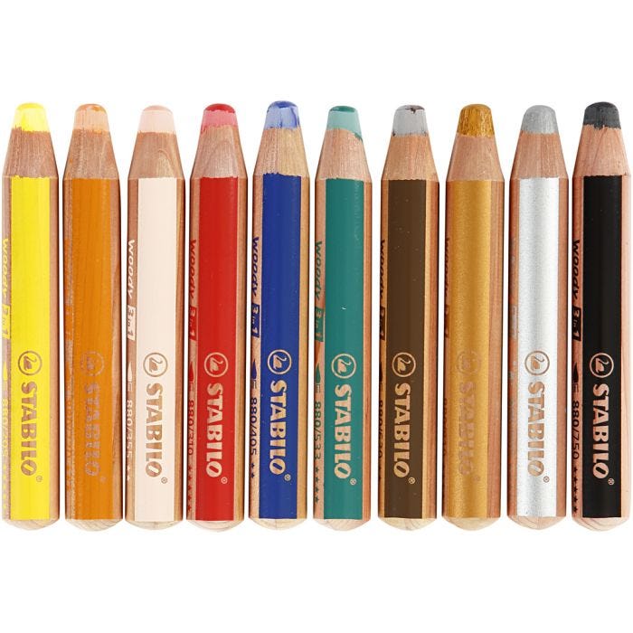 Woody 3-in-1 Buntstifte, L 11 cm, Dicke 16 mm, Mine 10 mm, Sortierte Farben, 10 Stk/ 1 Pck