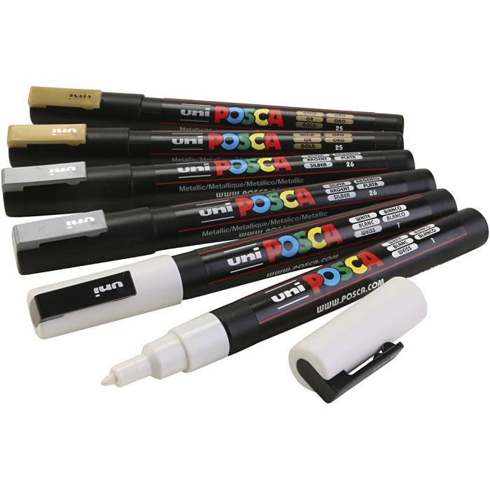 Posca Marker , Nr. PC-3M, Strichstärke 0,9-1,3 mm, Gold, Silber, Weiß, 6 sort./ 1 Pck