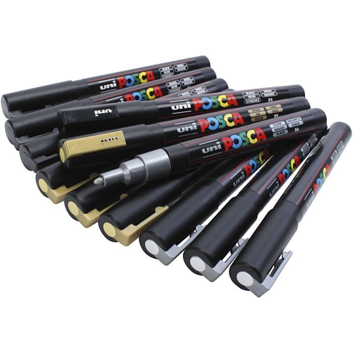 Posca Marker , Nr. PC-3M, Strichstärke 0,9-1,3 mm, Schwarz, Gold, Silber, 12 sort./ 1 Pck