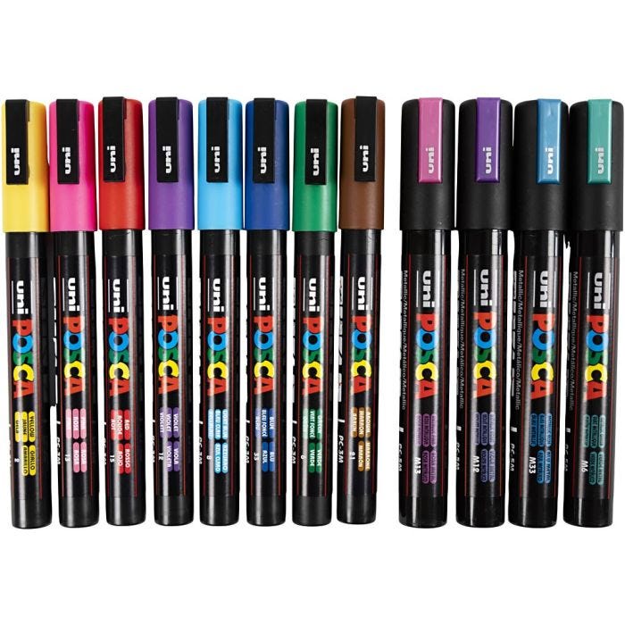 Posca Marker , Nr. PC-5M + PC-3M, Strichstärke 0,9-1,3 + 2,5 mm, Sortierte Farben, 12 sort./ 1 Pck