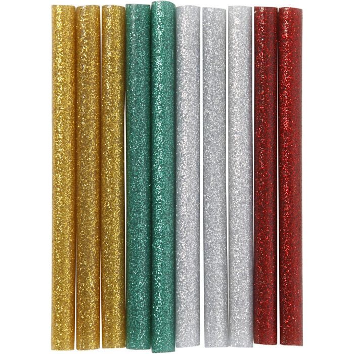Klebesticks Mini, L 10 cm, D 7 mm, Glitter, Gold, Grün, Rot, Silber, 10Stk/ 1 Pck