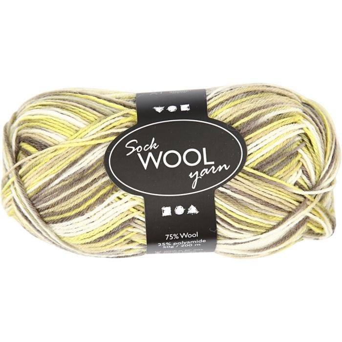 Sockenwolle, L 200 M, Grün, Gelb, 50 g/ 1 Knäuel