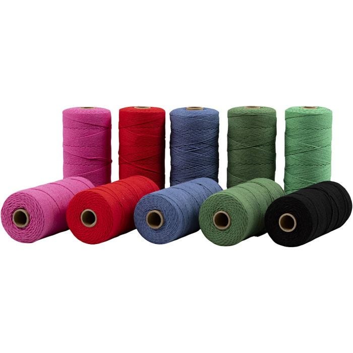 Macramé-Kordel, L 315 M, Dicke 1 mm, Dünne Qualität 12/12, Kräftige Farben, 10x220 g/ 1 Pck