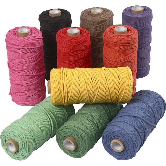 Macramé-Kordel, L 100 M, Dicke 2 mm, Dicke Qualität 12/36, Kräftige Farben, 10x225g/ 1 Pck