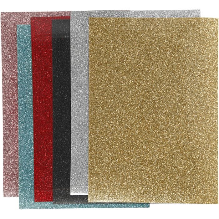 Bügelfolie, Blatt 148x210 mm, Glitter, Sortierte Farben, 6 Bl./ 1 Pck