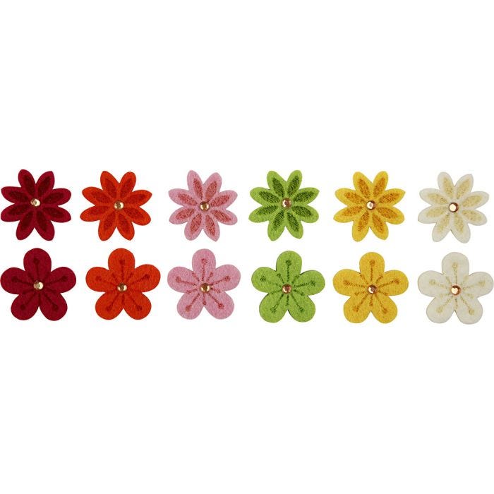 Filzblumen mit Strassstein, D 30 mm, Dicke 2,5 mm, 12 Stk/ 1 Pck