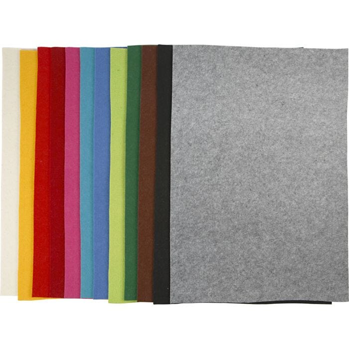 Bastelfilz, Blatt 42x60 cm, Dicke 3 mm, Sortierte Farben, 12 Bl. sort./ 1 Pck
