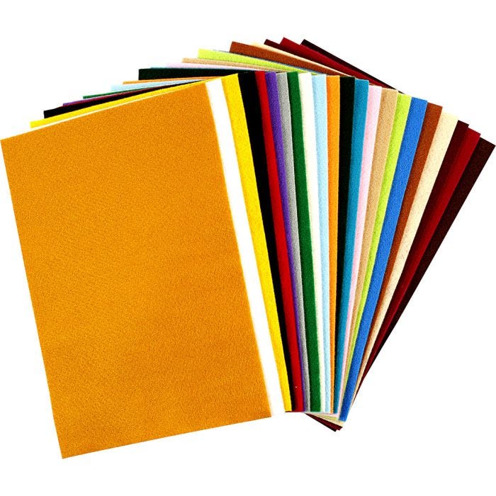 Bastelfilz, Blatt 20x30 cm, Dicke 1,5 mm, 180-200 g, Sortierte Farben, 24 Bl. sort./ 1 Pck