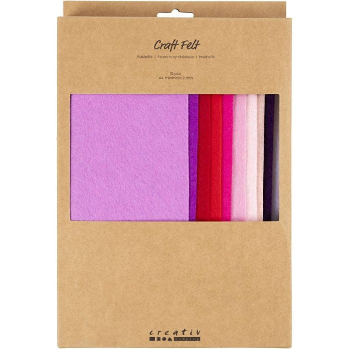 Bastelfilz, A4, Blatt 210x297 mm, Dicke 2 mm, Harmonie in Lila-Pink, 10 Stk/ 1 Pck