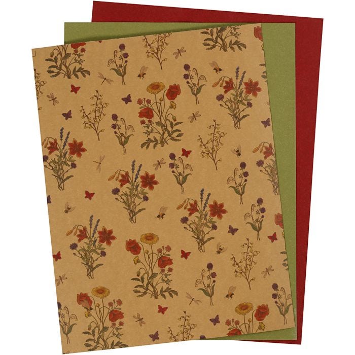 Kunstlederpapier, Blatt 21x27,5+21x28,5+21x29,5 cm, Dicke 0,55 mm, Einfarbig,Bedruckt, Natur, Grün, Rot, 3 Bl./ 1 Pck