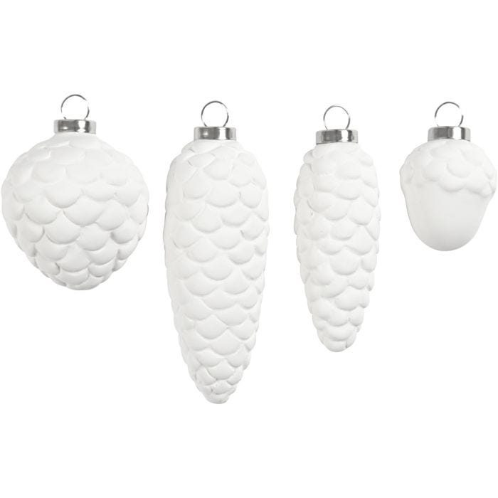 Hängende Zapfen, H 3,5+5+6,6+8,5 cm, D 2,5+3+4,5 cm, Weiß, 4Stk/ 1 Pck