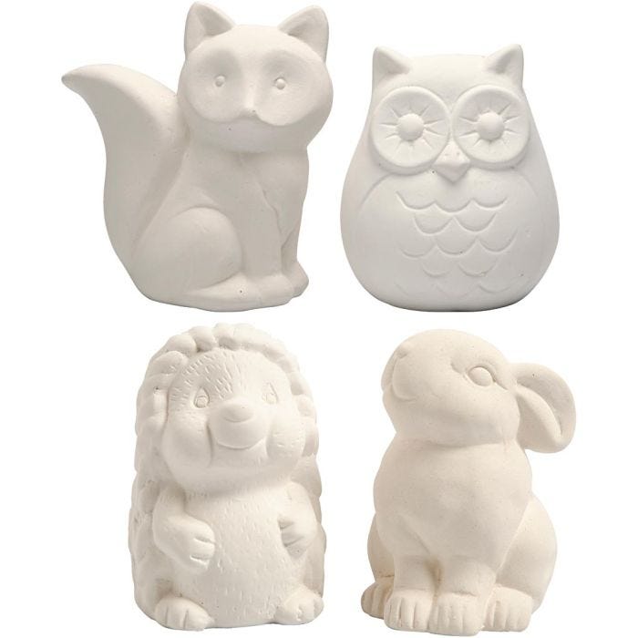 Tier-Spardosen, Eule, Fuchs, Igel, Hase, H 9-10 cm, Weiß, 4Stk/ 1 Pck