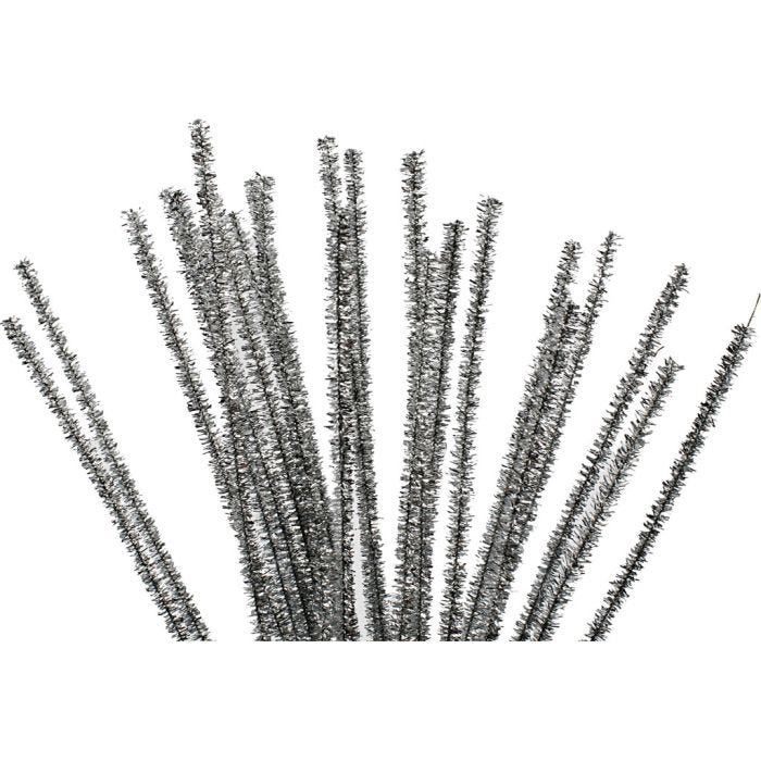 Chenilledraht, L 30 cm, Dicke 6 mm, Glitter, Silber, 24 Stk/ 1 Pck