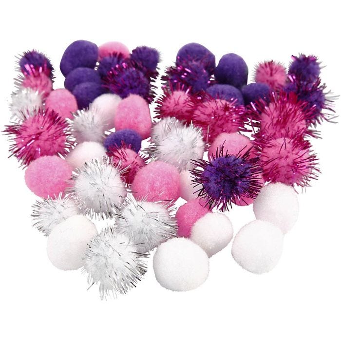 Pompons, 15+20 mm, Flieder, Rosa, Weiß, 48sort./ 1 Pck