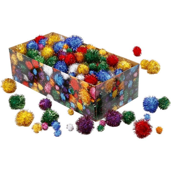 Glitzer-Pompons, D 15-40 mm, Glitter, Kräftige Farben, 400 g/ 1 Pck