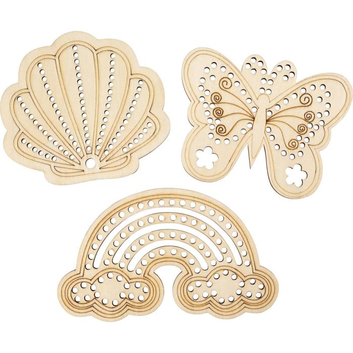Holzform mit Löchern, Regenbogen, Muschel, Schmetterling, Größe 7,5-13 cm, 24 Stk/ 1 Pck