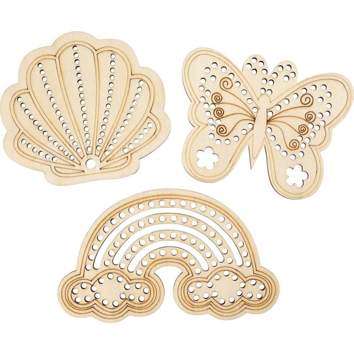 Holzform mit Löchern, Regenbogen, Muschel, Schmetterling, Größe 7,5-13 cm, 6 Stk/ 1 Pck