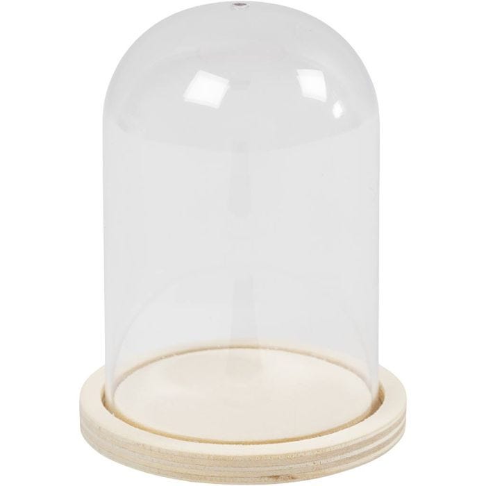 Plastikglas Glocke auf Holzfuß, H 9,5 cm, D 6 cm, Lochgröße 3 mm, 10 Stk/ 1 Pck