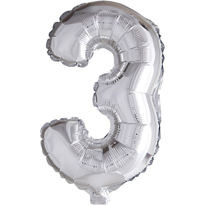 Folienballon, 3, 41 cm, Silber, 1 Stk