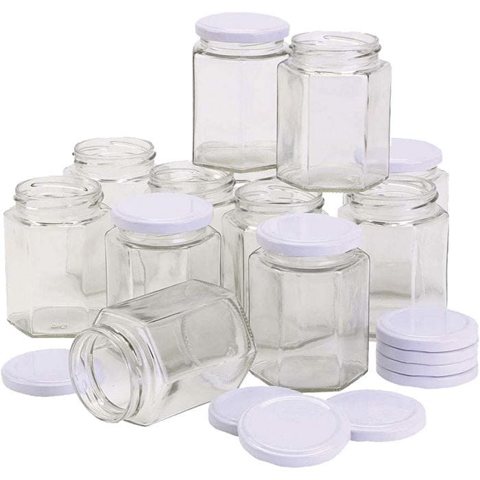 Sechseckiger Glasbehälter, H 8 cm, D 7 cm, 180 ml, 12 Stk/ 1 Pck
