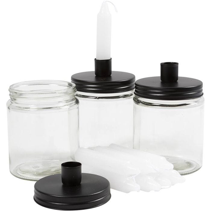 Deckelgläser mit Kerzenhalter und Kerzen, H 15 cm, D 9.5 cm, Größe 15 cm, 6 Set/ 1 Pck