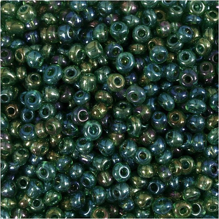 Rocailleperlen, D 3 mm, Größe 8/0, Lochgröße 0,6-1,0 mm, Grün irisierend, 25 g/ 1 Pck