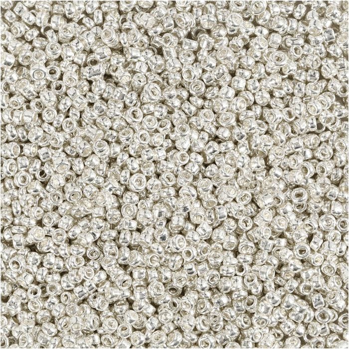 Rocailleperlen, D 1,7 mm, Größe 15/0, Lochgröße 0,5-0,8 mm, Silver Metall, 25 g/ 1 Pck
