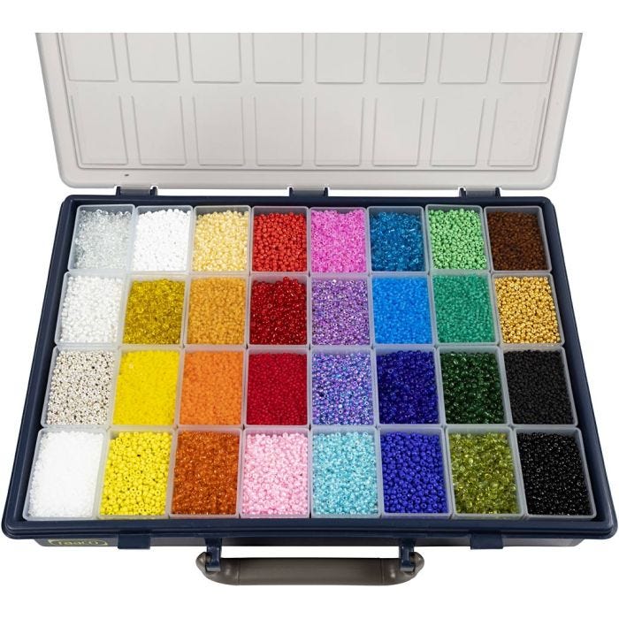 Rocailleperlen, D 1,7+3+4 mm, Größe 6/0+8/0+12/0, Lochgröße 0,5-1,2 mm, Farbe kann variieren , 32x100 g/ 1 Pck