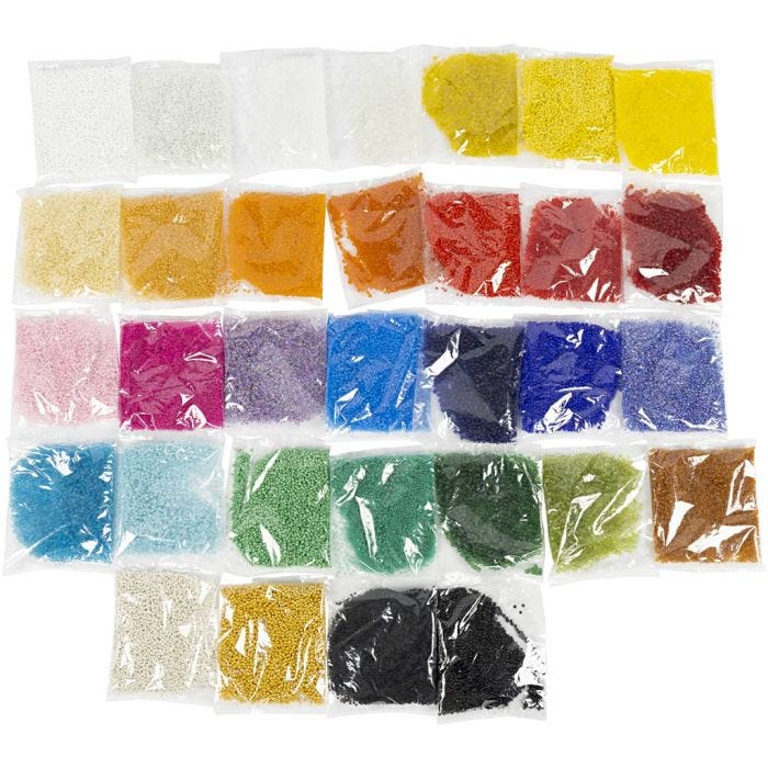 Rocailleperlen, D 1,7+3+4 mm, Größe 6/0+8/0+12/0, Lochgröße 0,5-1,2 mm, Farbe kann variieren , 32x100 g/ 1 Pck