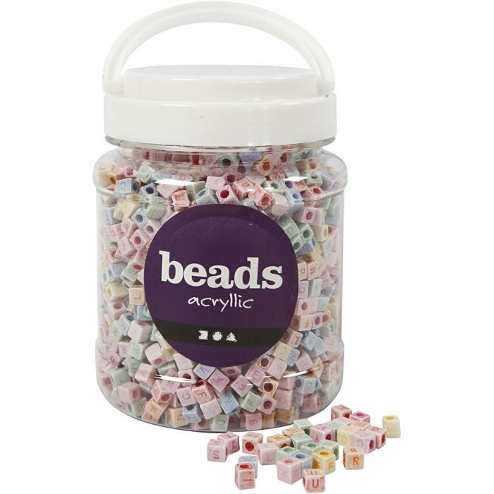 Perlen mit Buchstaben, Größe 6x6 mm, Lochgröße 3 mm, 500 g, 700 ml/ 1 Dose